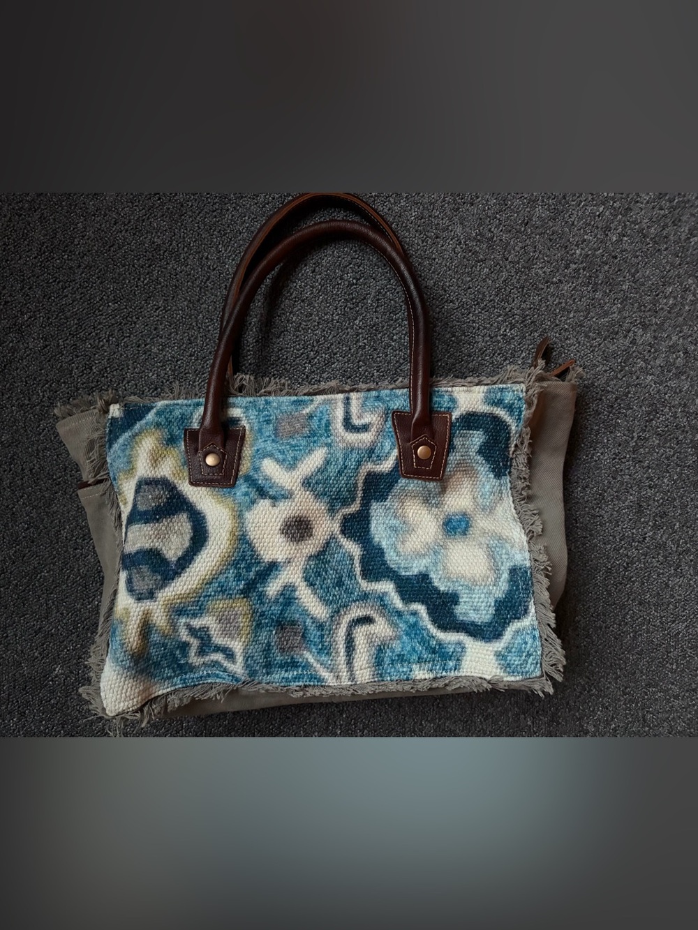 MYRA BAG Aqua Blue Canvas Floral Print Leather Handles Tote 100% cotton